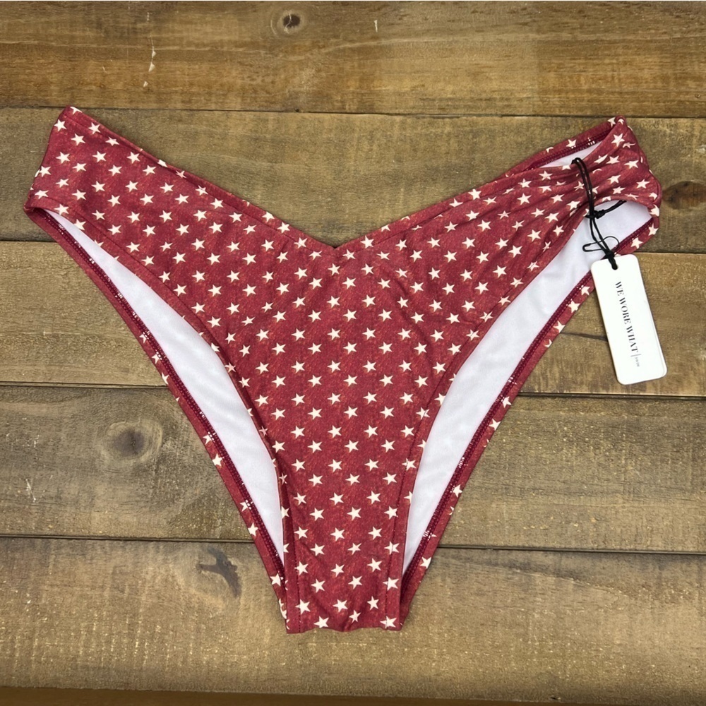 We Wore What V-Cut Delilah Bikini Bottom in Vintage Star Dark Red Sz XL